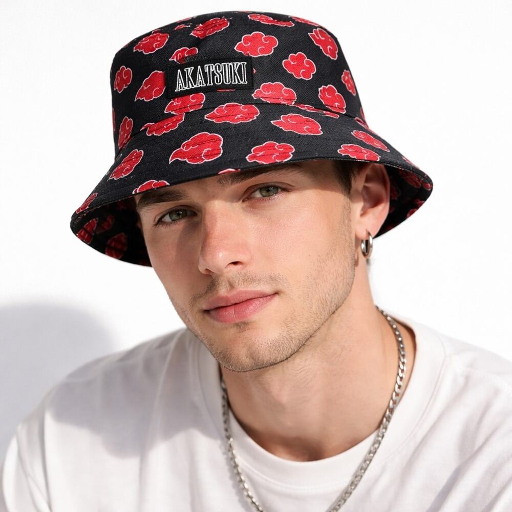 VIZ Media Naruto Shippuden Akatsuki Bucket Hat Black Red Cloud Pattern